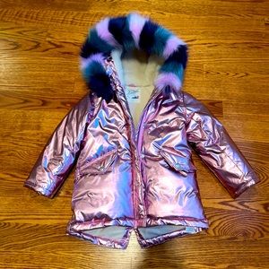 J.Crew pink metallic faux fur coat.  Size 6-7